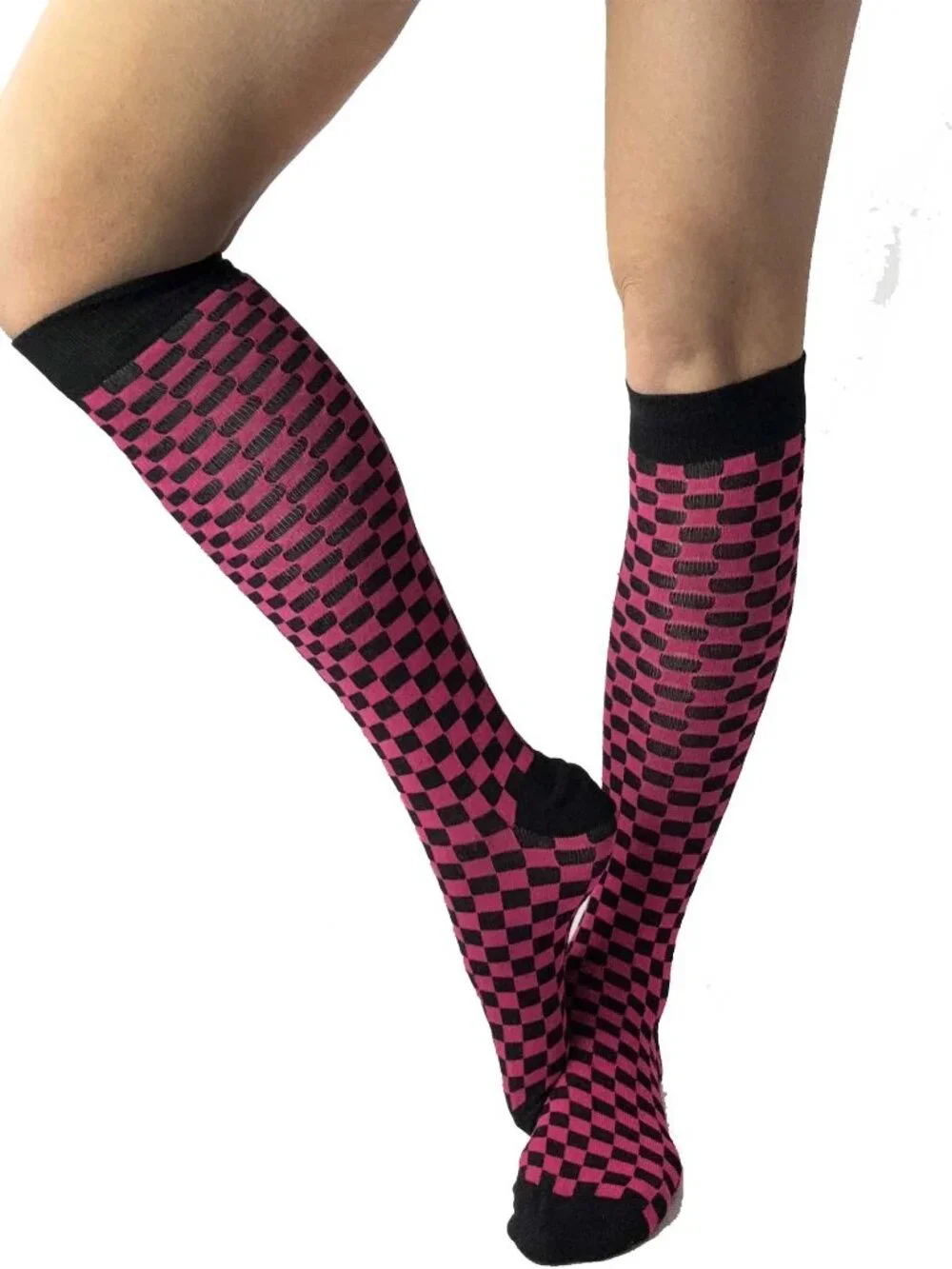 Fuchsia & Black Checkerboard Knee-High Socks